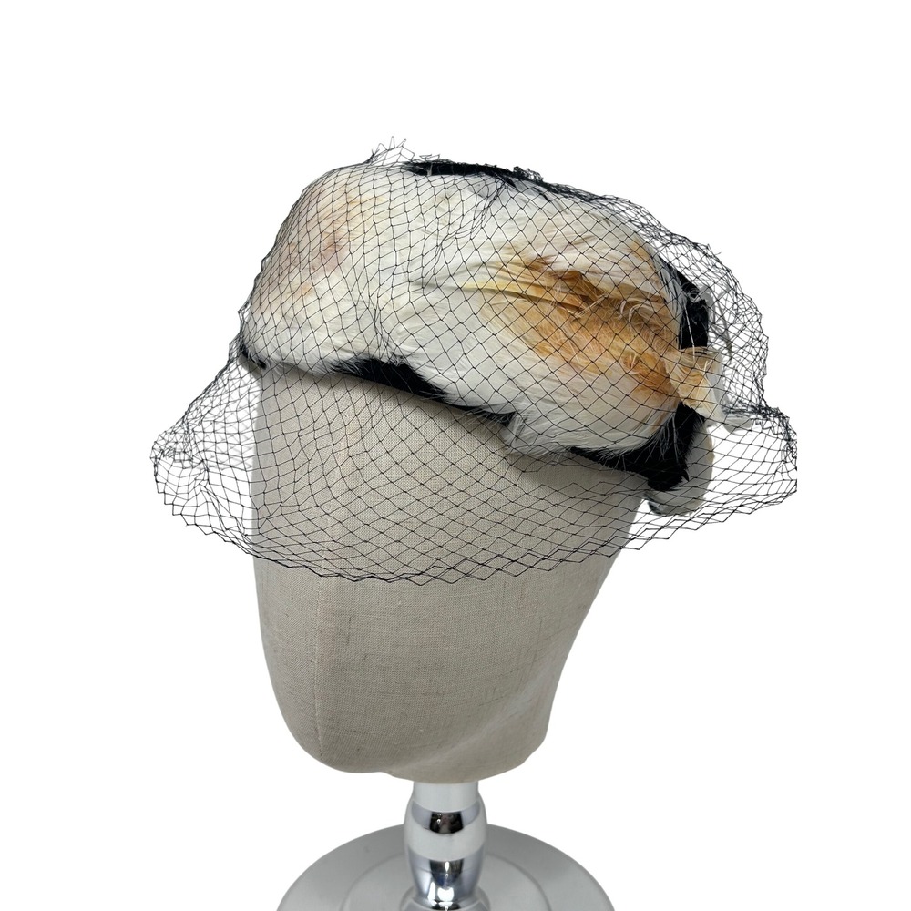 Vintage Black Velvet Pillbox Hat‎ White Feathers Birdcage Veil Bow Mid-Century